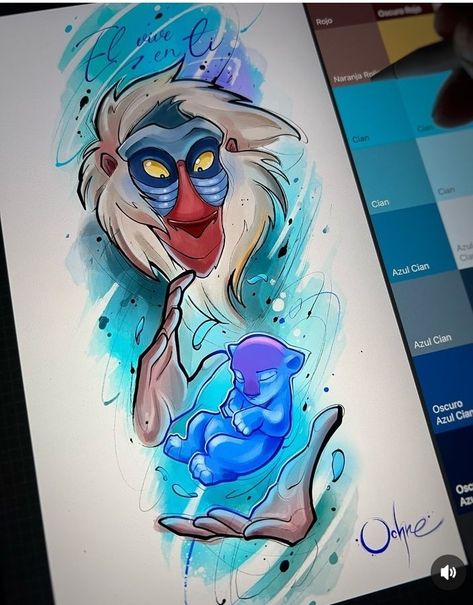 Drawing Within A Drawing, Lion King Watercolor Tattoo, Hercules And Pegasus Tattoo, Rafiki Tattoo Ideas, Raya And The Last Dragon Tattoo, Mushu Mulan Tattoo, Disney Tattoo Designs, The Lion King Tattoo, Lion King Tattoos