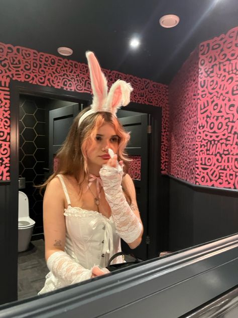 Bunny costume rabbit costume #bunnyear #bunny #costume #halloween #halloweencostumesforwomen Magician And Rabbit Costume, Bunny Aesthetic Outfit, White Bunny Halloween Costumes, Bunny Costume Makeup, Bunny Costume Women, Black Bunny Costume, Bunny Costume Halloween, White Rabbit Costume, White Rabbit Costumes