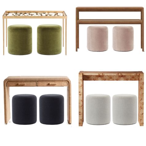 Stools For Under Console Table, Ottoman Under Console Table Living Room, Burlwood Console Table Styling, Console Table Ottoman Under, Console Table With Poufs, Stools Under Console Table, Burlwood Console Table, Ottomans Under Console Table, Entry Table With Ottomans Under