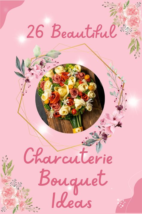 Want to impress your guests with a stunning charcuterie spread? Try creating a charcuterie bouquet! These edible arrangements are not only beautiful but also delicious. Check out our latest post for some creative charcuterie bouquet ideas that will make your next event extra special. These would also make a unique and delicious gift idea! #CharcuterieBouquet #EdibleArrangements #PartyPlatters #CharcuterieIdeas #Foodie #Entertaining #GrazingPlatters #charcuterieboard #grazingboard #charcuterie Edible Flowers Charcuterie, Meat And Cheese Bouquet Diy, Charcuterie Flower Arrangement, Charcuterie Flower Bouquet, Floral Charcuterie Board Ideas, Flower Shaped Charcuterie Board, Flower Charcuterie Board Ideas, Flower Theme Charcuterie Board, Charcuterie Bouquet Diy