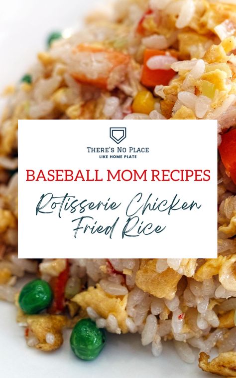 A quick weeknight dinner recipe for rotisserie chicken fried rice, using rotisserie chicken, microwavable rice, and frozen vegetable.s Easy Meals For Sports Moms, Rotisserie Chicken Fried Rice, Veggies And Rice, There's No Place Like Home, Home Plate, Weeknight Dinner Recipes Easy, Fast Dinners, Chicken Fried Rice, Frozen Veggies