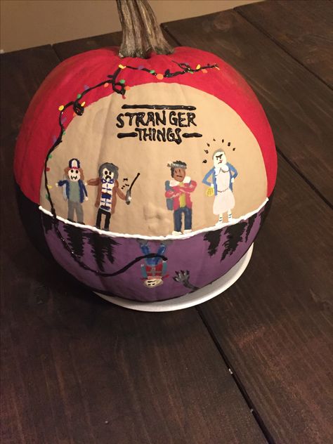 Stranger things are happening with my pumpkin. #leggohereggo Painting Pumpkins Stranger Things, Pumpkin Painting Ideas Stranger Things, Stranger Things Painted Pumpkin, Painting Ideas Stranger Things, Pumpkin Stranger Things, Stranger Things Pumpkin Painting, Stranger Things Pumpkin Carving Ideas, Stranger Things Pumpkin, Pumpkin Paintings