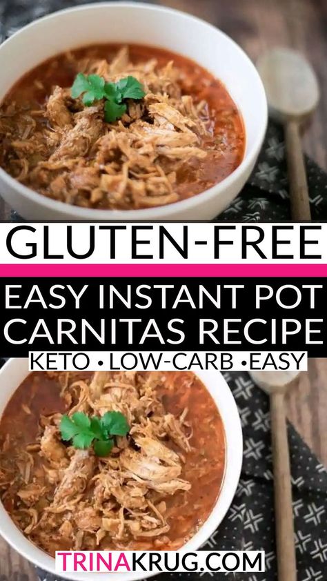 A bowl of Keto Easy Instant Pot Carnitas in a rich red sauce, topped with a sprig of cilantro. The bowl sits on a patterned cloth with a wooden spoon resting beside it on a rustic wooden table, perfect for stuffing into warm low-carb tortillas or tasty gluten-free burritos. Carnitas Instant Pot, Instant Pot Carnitas Recipe, Instant Pot Carnitas, Carnitas Recipe, Tacos Burritos, Diet Keto, Pork Roast, Burritos, Main Dish