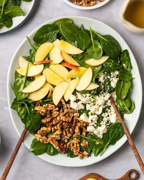 Spinach Salad with Apples, Walnuts, and Feta | Kitchn Spinach Salad With Apples, Easy Spinach Salad, Baby Spinach Salad, Salad With Apples, Spinach Salad Recipes, Quick Side Dishes, Feta Recipes, Salad Recipes Video, Feel Good Food