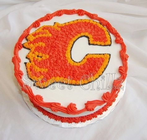 Calgary Flames Hockey Buttercream Cake Calgary Flames Cake, Iconic Cakes, Hockey Food, Hockey Birthday Cake, Calgary Flames Hockey, Hockey Party, Hockey Birthday, Cake Stuff, Party Decor Ideas