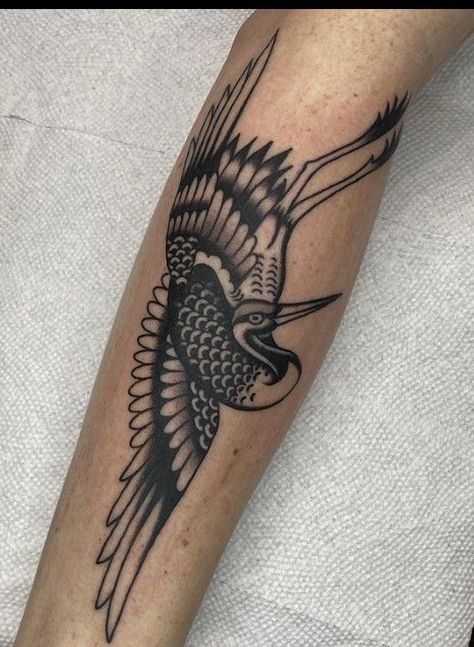 Bird Tattoo Traditional Black, Heron Forearm Tattoo, Traditional Stork Tattoo, Crane Forearm Tattoo, Traditional Sandhill Crane Tattoo, American Traditional Heron Tattoo, Two Cranes Tattoo, Crane Tattoo Arm, Forearm Traditional Tattoo