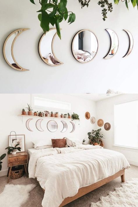 5 Pieces Scandinavian Natural Decor Acrylic Wall Decorative Mirror Interior Design Wooden Moon Phase Mirror Bohemian Wall Decoration for Home Living Room Bedroom Decor - Acrylic, Not Real Mirror(Beige) Moon Mirrors Above Bed, Moon Phases Mirror, Above Bed Mirror, Moon Mirror Wall Decor, Wooden Moon, Mirror Interior Design, Decor Above Bed, Moon Mirror, Bohemian Wall Decor