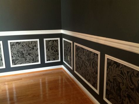 Our Gray Black Silver and White Dining Room. Wallpaper inside Picture Frame Molding, Love how it turned out! Black Trim With Wallpaper, Picture Frame Moulding With Wallpaper, Black Wall White Chair Rail, Wallpaper Inside Picture Frame Molding, Black Wainscoting And Light Wallpaper, Wallpaper Inside Molding, Picture Frame Molding Bedroom, Black And White Victorian Wallpaper, Bathroom Wainscoting