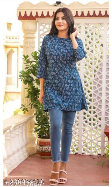 Simple Churidar Designs Casual, Short Kurti Designs For Jeans, Short Kurti Designs Latest For Jeans, Short Kurti With Jeans Outfit, Tops Stitching, Long Kurti With Jeans, Short Kurtis For Jeans, Kurti Poses, Daily Wear Clothes