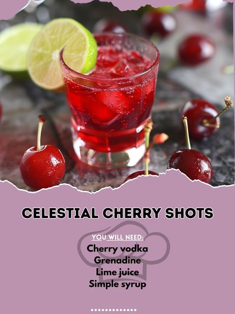 🍒✨ Experience the cosmic flavors with our Celestial Cherry Shots! A cherry-infused delight that will transport you to the stars! ✨🍒 #CelestialCherryShots Celestial Cherry Shots Ingredients: Cherry vodka (1 oz) Grenadine (1/2 oz) Lime juice (1/2 oz) Simple syrup (1/4 oz) Instructions: Fill a shaker with ice. Add cherry vodka, grenadine, lime juice, and simple syrup. Shake well and strain into shot glasses. 🍒✨ These Celestial Cherry Shots are a stellar delight. Enjoy and share your cherry s... Cherry Vodka Sour Recipe, Cherry Shots, Cherry Vodka Drinks, Vodka Sour Recipe, Cherry Vodka Sour, Vodka Sour, Cherry Vodka, Bing Cherries, Yummy Alcoholic Drinks