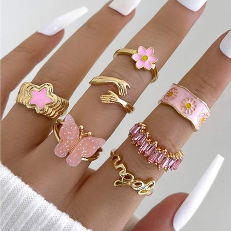 Super Cute And Stylish Ships In 5-10 Business Days Rings Set For Women, Y2k Rings, Y2k Jewelry, Trendy Ring, Five Pointed Star, Knuckle Rings, Design Girl, 7 Rings, Mehandi Designs