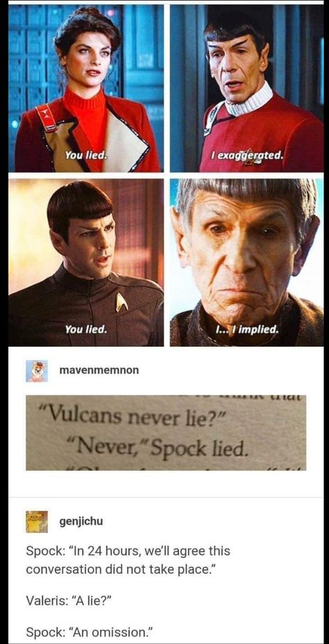 Vulcan Star Trek, Star Trek Reboot, Never Lie, Star Trek Funny, Star Trek Art, Starship Enterprise, Star Trek Tos, Fandom Funny, It's Funny