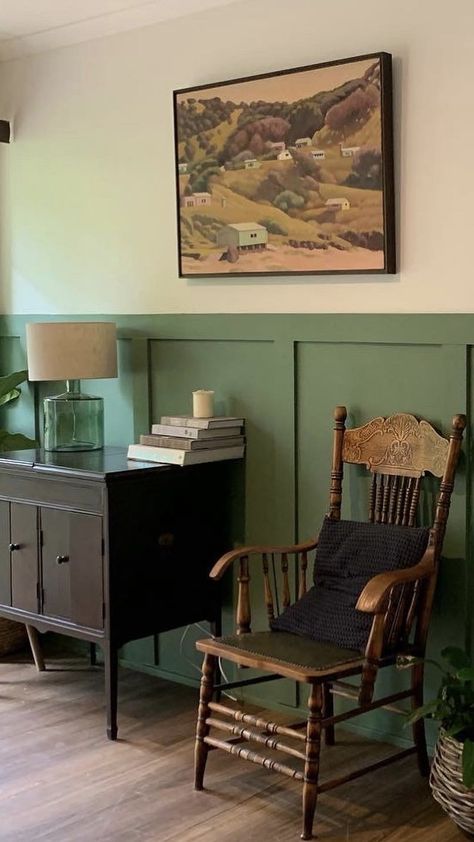 Porters Paints Bayleaf Board and Batten Wall Board And Batten Chair Rail Dining Room, Porters Paints Bayleaf, Green Board And Batten Dining Room, Batten Wall Dining Room, Dark Vintage Dining Room, Office With Green Accent Wall, Olive Green Board And Batten Wall, Green Wainscoting Dining Room, Dinning Room Paint Ideas