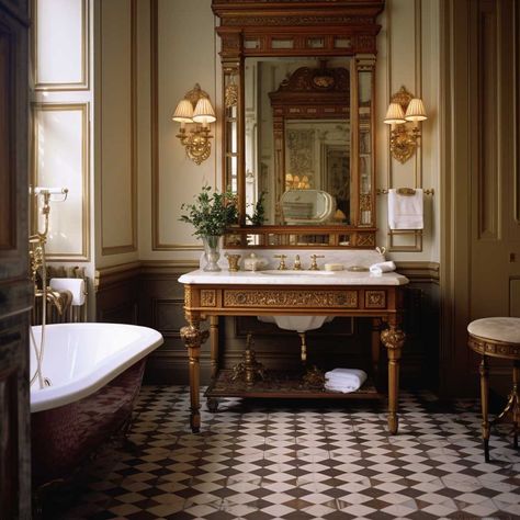 Simple Victorian Decor, Victorian Appartement, Vintage Bathroom Aesthetic Victorian, Luxury Traditional Bathroom, Victorian Style Decor Modern, French Victorian Interior Design, Regency Bathroom Ideas, Bathroom Mirror Victorian, Regency Style Bathroom