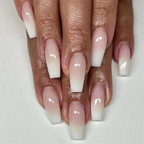 FOAMEE Press on Nails Mdiuem Length Ombre Nude Coffin Fake Nails with Designs Daily Wear Nails Acrylic Glossy False Nails for Women Ballet Nails, Manikur Kuku, Long Press On Nails, Nagel Tips, Manicure Diy, Nail Type, Coffin Press On Nails, Flower Nail Designs, Nail Bed