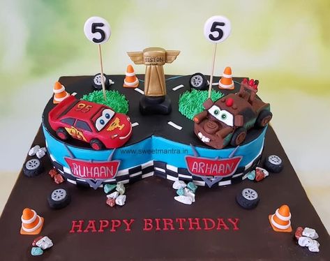 Car Cake Designs For Kids, Birthday Cake For Twins Boys, Cake With Cars Boys, Wheels On The Bus Cake, Twin Cakes, Boys 5th Birthday, Sprint Car Birthday Cake, Mcqueen And Mater, Cars Chocolate Birthday Cake