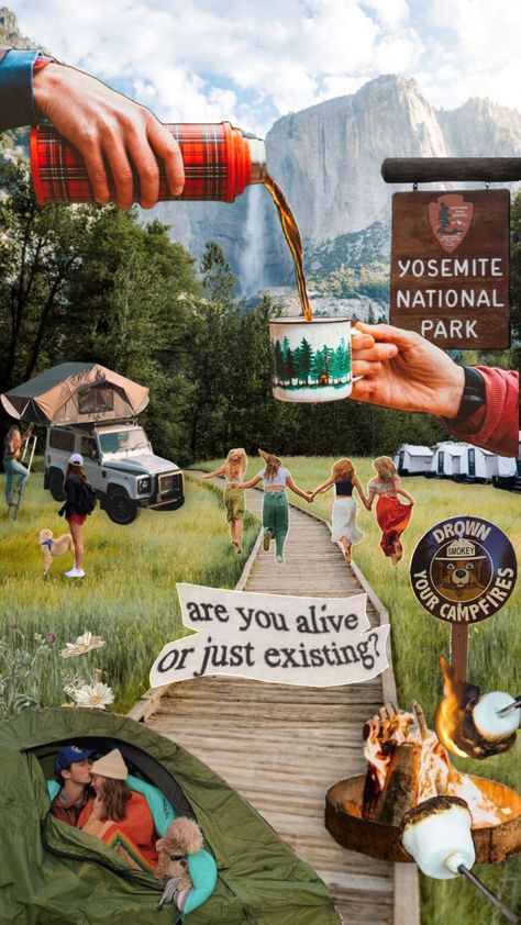 Summer Camp Collage, Outdoor Collage, Camping Collage, Travel Quotes Instagram, Camping Yosemite, Short Travel Quotes, Granola Girl Aesthetic, Camping Quotes, Hippie Aesthetic