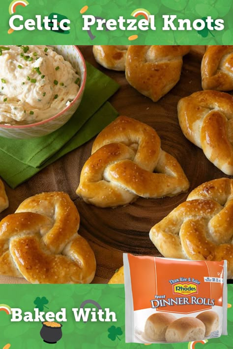 Rhodes frozen dough is available in the freezer section of your local grocery stores' freezer section. Celtic Knot Pretzel, Rhodes Rolls Pretzels, Irish Rolls St. Patrick's Day, St Patricks Day Breads, Shamrock Shaped Food, Irish Pretzels, Irish Food Appetizers, St Patrick's Day Appetizers Parties, St Patrick Party Food Irish Appetizers