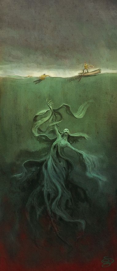 Nyad, goddess of the oceans, queen of the drowned, mother of mermaids and sirens. Features largely in Dagger Isles mythos. Rebirth Painting, Sea Monsters Drawing, Sea Monster Art, Ocean Monsters, Scary Ocean, Mysterious Art, Images Terrifiantes, Night Gallery, Monster Drawing