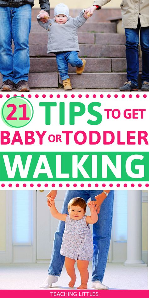 If your baby or toddler hasn't started walking yet, here are some tips to teach your child to take steps and learn to walk independently. Make it fun & easy Walks With Baby, Helping Baby Walk, Teaching Baby To Walk, Baby Walking Toy, Teach Dog To Walk On Leash, Teaching Babies, Baby Walking, Teaching Toddlers, Baby Learning