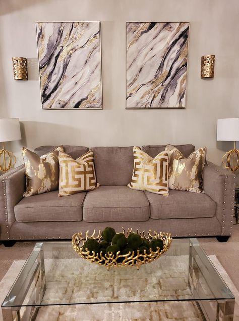 Tan And Gold Kitchen Ideas, Taupe Gold Living Room, Brown Gold White Living Room, Chocolate And Gold Living Room Ideas, Brown Gold Living Room Decor, Brown And Gold Living Room Ideas, Ivory And Gold Living Room, Gold Brown Living Room, Living Room Decor Gold Accents