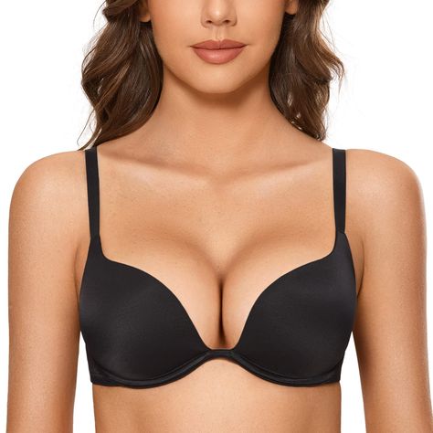 PRICES MAY VARY. 81%Polyamide, 19%Spandex Imported Hook and Eye closure Hand Wash Only ADD 1 CUP PUSH-UP BRAS: Push-up cups with just enough padding at the bottom push your girls closer, adding 1 cup size at least and more cleavage DEEP V PLUNGE DESIGN: Our deep V plunge bras are super soft and smooth, invisible under clothing and perfect for tight t-shirt, deep V dress, tank top... COMFORTABLE FIT: Smooth and lightweight cups made of soft fabric with breathable mesh side wings gives you all day Pushup Bras, Tight T Shirt, Deep V Dress, Cut Clothes, Bra Size Charts, Deep Plunge, Neckline Designs, Perfect Bra, Plunge Neckline