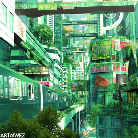 The City Of The Future by Derek Weselake - www.artofwez.com Pelan Rumah, Eco City, Train Truck, Soul Train, Punk Art, Truck Art, Green City, Fantasy City, Fantasy Places