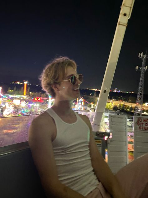 Blonde Boy with Sunglasses on Ferris Wheel in a Carnival at Night Blonde Rich Boy Aesthetic, City Guy Aesthetic, Blonde Boys Aesthetic, Blond Guy Aesthetic, Blonde Hair Guy Aesthetic, Blonde Men Aesthetic, Blonde Hair Boy Aesthetic, Blond Hair Guy, Blond Boy Aesthetic