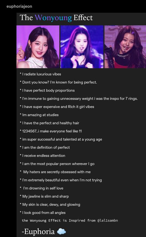 My Tumblr posts #affirmations #the Wonyoung Effect #kpop #self concept #ive #wonyoung #itgirl #icons Wonyoung Subliminal Affirmations, Wonyoung Body Proportion, Wonyoung Manifestation, Wonyoung Effect Aesthetic, Wonyoung Manifest, Kpop Idol Affirmation, The Wonyoung Effect, Wonyoung Effect Affirmations, Wonyoung Subliminal