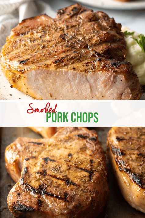 The Best Smoked Pork Chops Recipe - A simple yet flavorful brine is the key to smoking pork chops (bone-in or boneless!) to tender perfection, every time. This fabulously easy smoked pork chops recipe includes step-by-step instructions and top tips! | A Spicy Perspective Pellet Grill Pork Chops, Comfort Food Sides, Pork Chop Brine, Pork Chops Bone In, Thick Cut Pork Chops, Smoked Pork Chops, Cooking Pork Chops, Barbeque Recipes, A Spicy Perspective