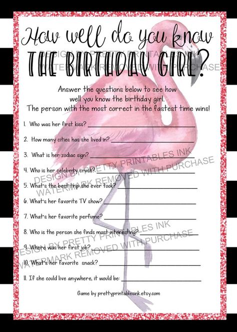 Adult birthday game - how well do you know the birthday girl. Features a fun black and white striped background with watercolour flamingo image behind the questions for a flamingo-theme birthday. Adult Birthday Games, 21st Birthday Games, Birthday Trivia, Birthday Quiz, Birthday Games For Adults, Flamingo Birthday Party, Pretty Printables, Flamingo Birthday, Adult Party Games