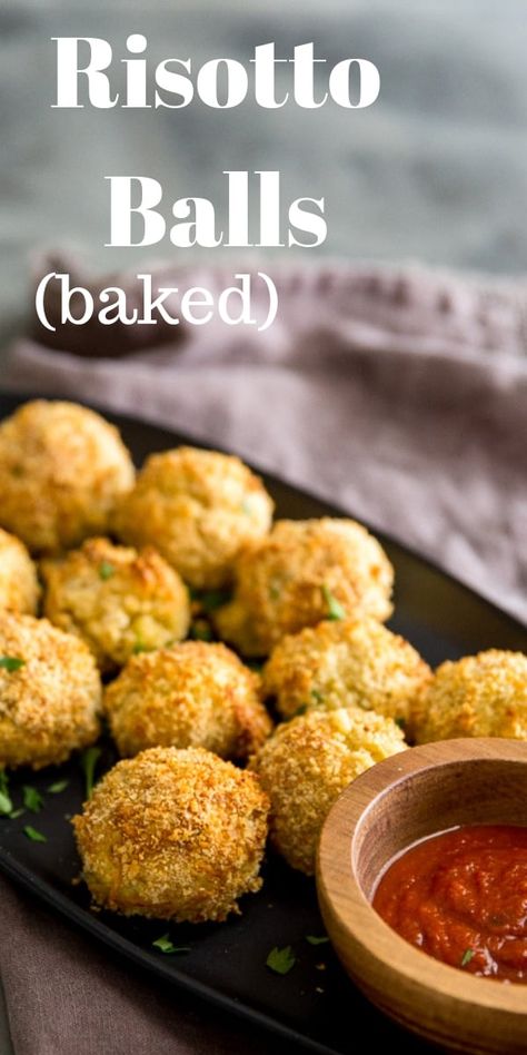 These baked risotto balls are spectacular for entertaining!    Leftover risotto is wrapped around cheese, rolled in bread crumbs and baked until golden brown.  #Italianfood #bakedappetizer #risotto #risottobals  via @Lemonsforlulu Recipes Using Risotto, What To Do With Leftover Risotto, Baked Arancini Balls, Arancini Baked, Risotto Leftover Recipes, Baked Arancini, Rissoto Balls Recipes, Leftover Risotto Recipes, Pasta Balls