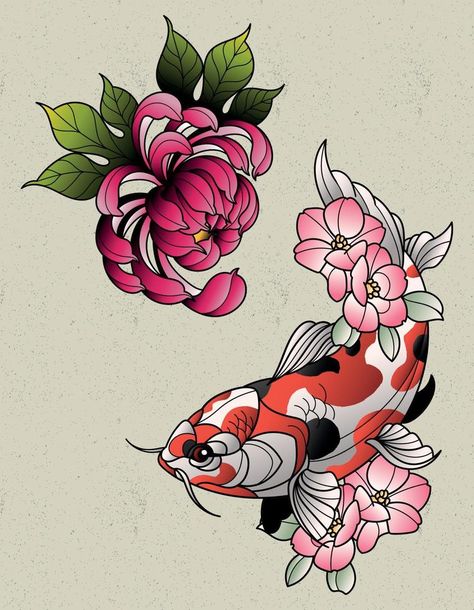 peony and koi fish tattoo elements Koi Fish Neotraditional, Japanese Tattoo Elements, Cute Koi Fish Tattoo, Koi Fish Tattoo Colour, Neo Traditional Koi Fish Tattoo, American Traditional Koi Fish Tattoo, Koi Fish Tattoo Traditional, Traditional Koi Fish Tattoo, Koi Fish Tattoo Design