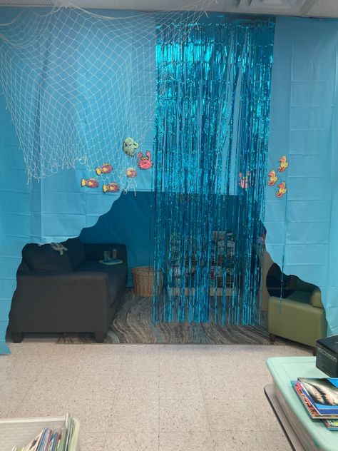 Ocean, jellyfish, whales, underwater, relaxing Underwater Reading Corner, Ocean Reading Corner, Ocean Prek, Ocean Reading, Reading Nook Classroom, Ocean Sensory, Reading Corner Classroom, Scuba Vbs, Book Area