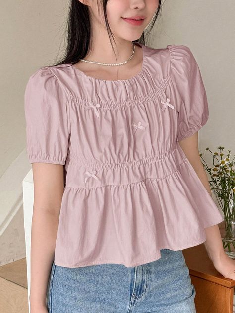 Women's Solid Color Crew Neck Short Sleeve Bow Decor Pleated Casual Blouse Pink   Short Sleeve Polyester Plain Peplum Non-Stretch  Women Clothing, size features are:Bust: ,Length: ,Sleeve Length: Plain Pink Blouse Designs, Casual Blouse Designs Cute Tops, Bow Tops For Women, Trendy Tops For Women Casual, Casual Blouse Designs, Simple Blouses, Pink Blouse Designs, Crochet Sweater Design, Fashion Top Outfits