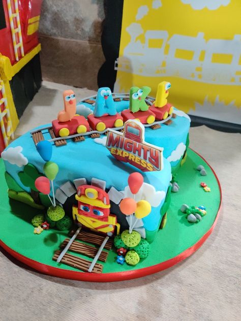 Mighty Express Birthday Party, Mighty Express Cake, Mighty Express Birthday Cake, Mighty Express Birthday, Easy Diy Train Cake, Train Second Birthday Cake, Diy Train Cake Simple, 2nd Birthday Train Theme Cake, Train Theme Birthday Party