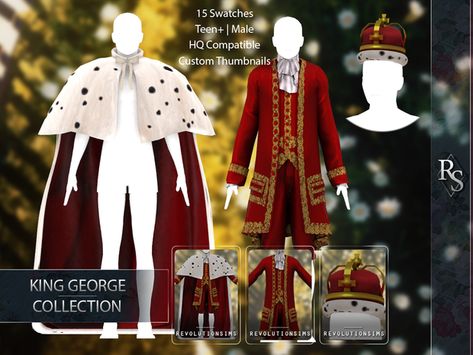 TS4 King George Collection | Revolution Sims on Patreon Sims 4 Royal, Royalty Clothes, Rococo Era, Sims 4 Decades Challenge, Sims 4 Male Clothes, Sims Medieval, Royal Clothes, King Outfit, Pelo Sims