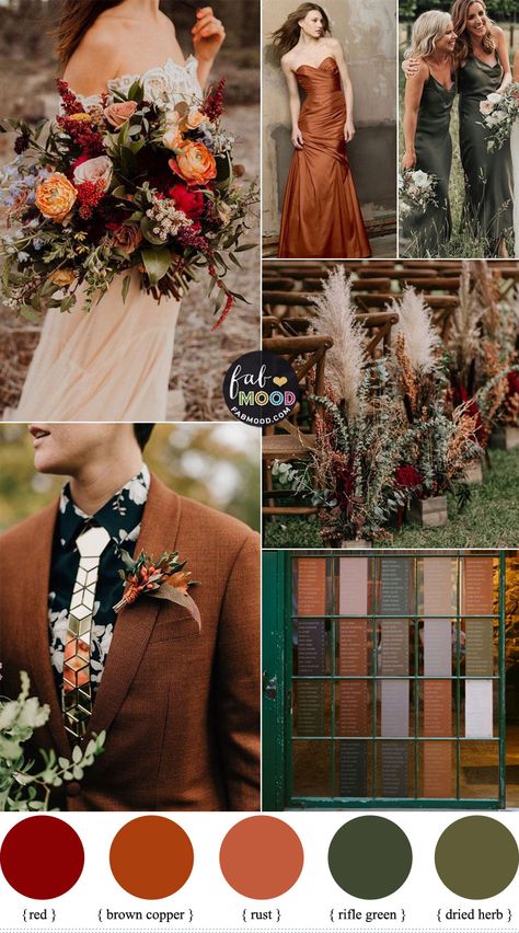 Brown Copper and Rifle Green Color Combos { Subtle Sage Undertones } Fall Wedding Activities, Fall Wedding Burnt Orange, Bug Wedding, Fall Wedding Color Schemes, Wedding Color Pallet, Fall Wedding Color Palette, Green Wedding Colors, Brown Copper, Wedding Palette