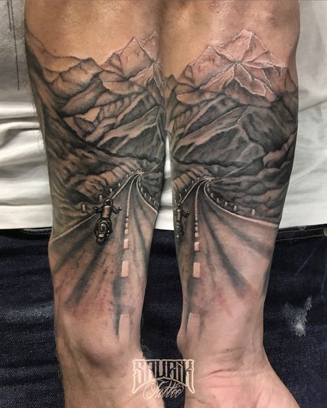 Road Tattoo, Desert Tattoo, Biker Tattoos, Desert Road, Mountain Tattoo, Black And Grey Tattoos, Black Tattoos, Sleeve Tattoos, Art Tattoo