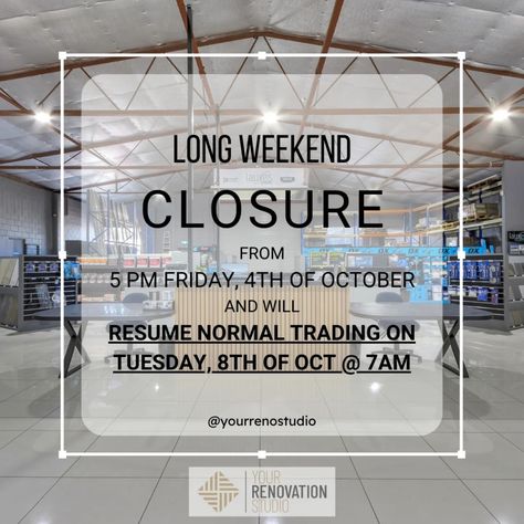 🔨 Your Renovation Studio will be closing this Friday, October 4 at 5 PM and will reopen on Tuesday, October 8 at 7 AM! This store break is to give way for Labour Day long weekend, including Saturday to give our helpful team the full long weekend break. If you need assistance during this time, feel free to visit our socials, leave us a message, or send us an email, and we’ll get back to you as soon as we’re back. Thank you for your understanding, and we look forward to helping you with your... Weekend Break, October 8, October 4, Labour, Long Weekend, Get Back, Labour Day, Feel Free, Feelings