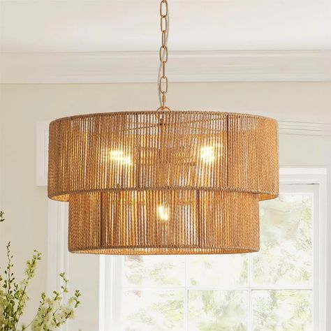 Bay Isle Home 5-Lights Hand-Woven Rattan Pendant Light | Wayfair Sloping Ceiling, Rattan Light Fixture, Wicker Pendant Light, Rattan Chandelier, Rope Pendant Light, Rattan Pendant, Farmhouse Pendant Lighting, Dining Room Light Fixtures, Rattan Pendant Light