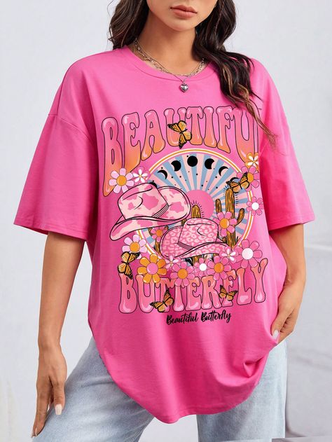 Pink Casual Collar Half Sleeve Knitted Fabric Cartoon,Letter  Embellished Slight Stretch  Women Clothing Casual Cowgirl Outfits, Plus Size Cowgirl Outfits, Modern Cowgirl Outfits, Plus Size Cowgirl, Disney Attire, Cute Cowgirl Outfits, Pink Cowgirl Boots, Birthday Fits, Drop Shoulder Tee