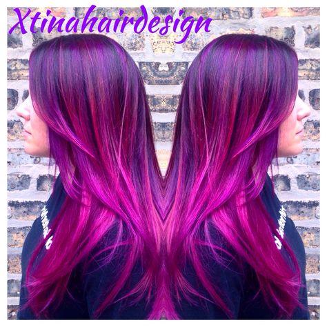 Pink and purple sombre Pink Violet Hair, Pink Lilac Hair, Purple And Fuschia Hair, Pinkish Purple Hair, Dark Purple And Magenta Hair, Fushia Hair Color Magenta, Bright Magenta Hair, Fuschia Hair Magenta, Fuschia Hair