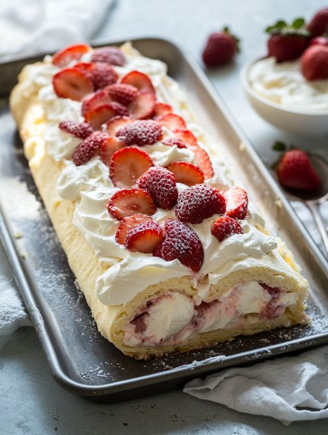 Strawberry Shortcake Roulade  𝗜𝗻𝗴𝗿𝗲𝗱𝗶𝗲𝗻𝘁𝘀 ✨   Cake: 5 egg yolks (room temperature) 2 tablespoons vegetable oil 3 tablespoons milk 1 teaspoon vanilla extract 1 cup sugar (divided) 1 tablespoon lemon zest ¾ cup all-purpose flour 2 tablespoons cornstarch 1 teaspoon baking powder ¼ teaspoon salt 4 egg whites (room temperature) Filling: 1 cup heavy whipping cream 1 tablespoon sour cream ½ teaspoon vanilla extract ¼ cup powdered sugar (plus more for dusting) Fluffy Sponge Cake, Dessert Cups Recipes, Cake 5, Elegant Desserts, Swiss Roll, Egg Yolks, Yummy Comfort Food, Whipping Cream, Roll Cake