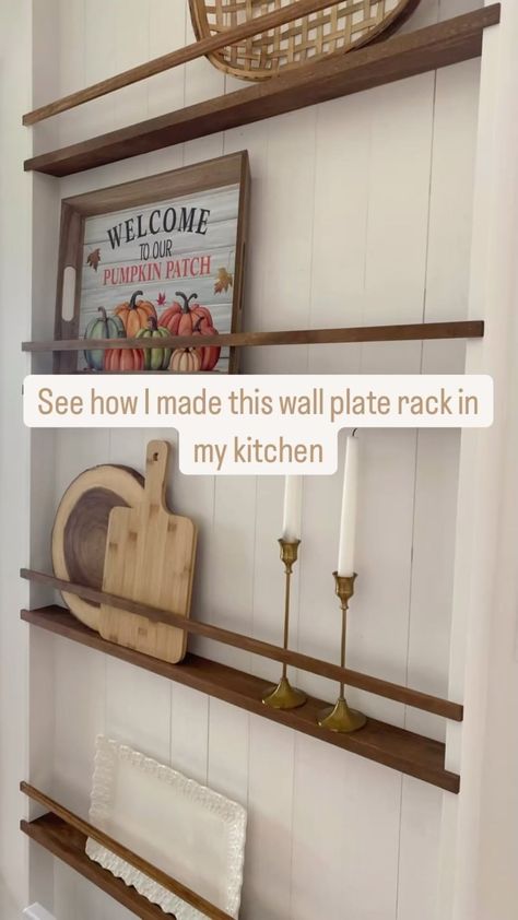 Jenna & Leo | This blank wall in our kitchen was the perfect spot for a wall plate rack. I love how this project turned out and am thrilled with the... | Instagram Diy Plate Display Rack, Hanging Plates In Kitchen, Plates Above Window, Blank Kitchen Wall Ideas Decor, Vintage Kitchen Wall Decor Ideas, Plate Shelf Display, Kitchen Wall Shelf Decor Ideas, Plate Racks Wall Display, Blank Wall In Kitchen