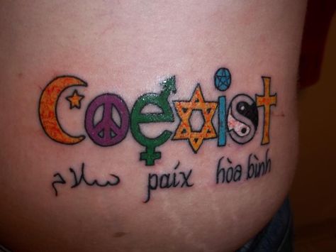 My second tattoo, November 2011. (taken while it was still fresh). It's the Coexist symbol and the word 'peace' in Arabic, French, and Vietnamese. This also symbolizes many things to me, but it's a permanent reminder to me that everyone is equal and stereotypes are bullshit. Coexist Tattoo Ideas, Coexist Tattoo, Everyone Is Equal, Peace Tattoo, Queer Femme, Second Tattoo, Peace Tattoos, Gay Outfit, Queer Fashion