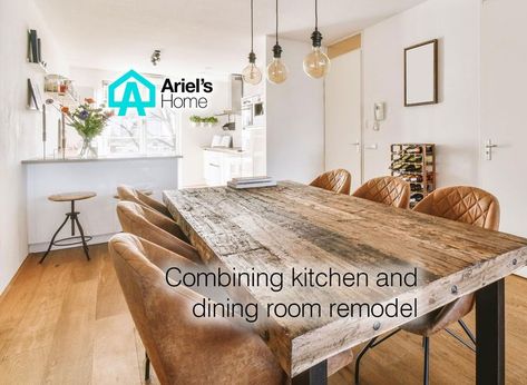 Expanding Kitchen Into Dining Room, Kitchen And Dining Room Remodel, Simple Small Kitchen, Kitchen Living Room Combo, Kitchen And Dining Room Lighting, Kitchen Dining Room Combo, Spacious Office, House Styling, Open Plan Kitchen Dining