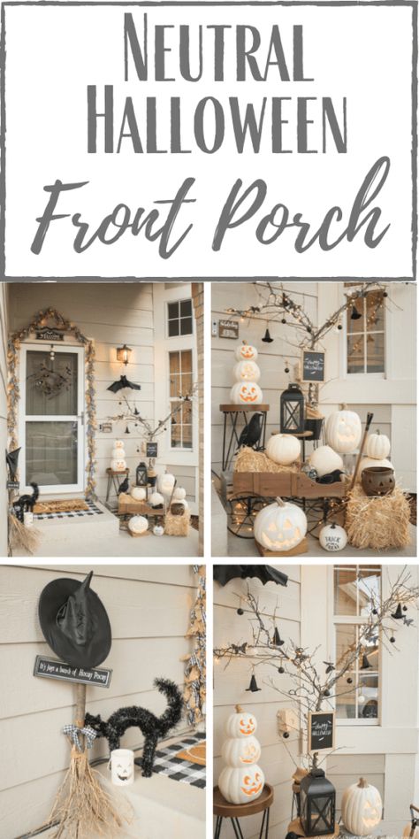 Neutral Halloween Front Porch Farmhouse Halloween Outdoor Decor, Decorating For Halloween On A Budget, Boho Halloween Porch Decor, Boho Halloween Front Porch, Rustic Halloween Decor Front Porch, Front Porch Decor Halloween, Halloween Porch Party, Modern Outdoor Halloween Decor, Classy Halloween Decorations Outdoor