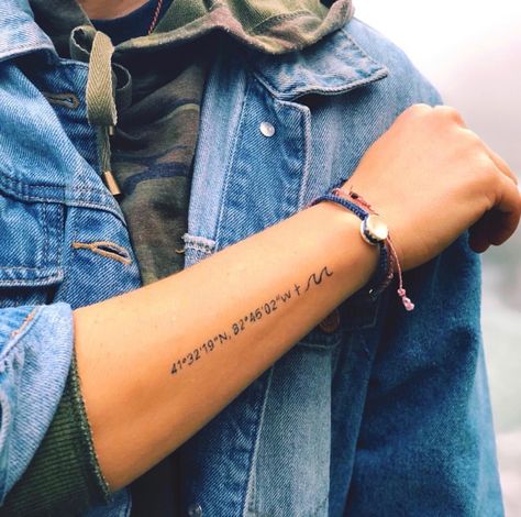 Latitude Longitude Tattoos Couple, Latitude And Longitude Tattoo Ideas, Forearm Coordinate Tattoo, Lat Long Tattoo Latitude Longitude, Ocean Coordinates Tattoo, Coordinates Tattoo Men Forearm, Coordinates Tattoo Forearm, Coordinates Tattoo Placement Arm, Nautical Coordinates Tattoo