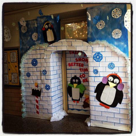 Winter wonderland classroom door. Definitely appropriate this week! Door Decoration For Preschool, Winter Door Decorations Classroom, Winter Classroom Door, Classroom Door Decorating, Winter Classroom Decorations, Door Decorations Classroom Christmas, Christmas Door Decorating Contest, Christmas Classroom Door, Winter Door Decorations